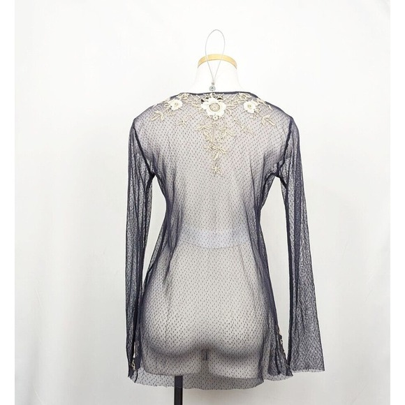 Biya Johnny Was Top Blue Floral Embroidered Mesh Nylon Sheer Misses Size S Flaws - Picture 7 of 9